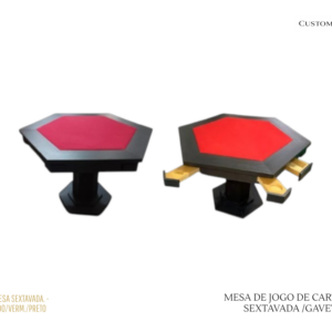Mesa de Carteado Sextavada com Gavetas e Porta-Copos/Madeira/Tecido Vermelho