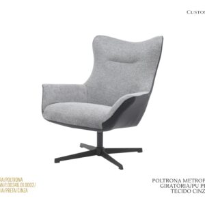 Poltrona Giratória Metropolitan - Rev. Preto PU e Tecido Cinza
