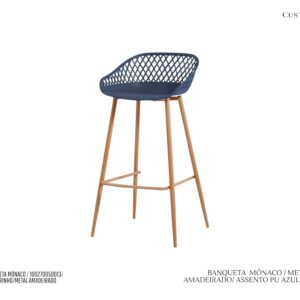 Banqueta Mônaco Azul Marinho - Base em Metal com Acabamento Madeira e Assento em Polipropileno / disponível com 2 alturas