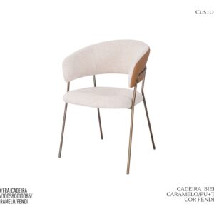 Cadeira Biela - Rev. Tecido Fendi, Couro Pu Caramelo / Base de Metal Cor Champagne