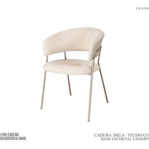 Cadeira Biela - Rev. Tecido Nude, Couro Pu Nude / Base de Metal Cor Champagne