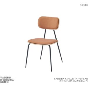 Cadeira Cinecitta - Rev. Couro PU Caramelo / Base em Metal Preta / Mad. Natural