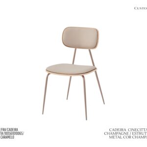 Cadeira Cinecitta - Rev. Couro PU Champagne / Base em Metal Champagne / Mad. Natural