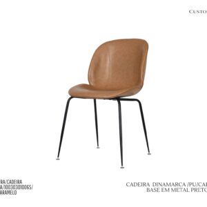 Cadeira Dinamarca - Rev. Couro PU Caramelo / Estrura em Metal - Cor Preta
