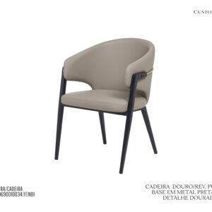 Cadeira Douro - Rev. Couro PU Fendi / Estrutura em Metal Preta / Detalhe Dourado