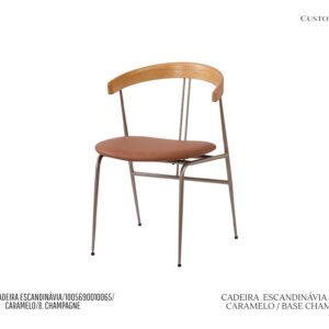 Cadeira Escandinávia - Rev. Couro PU Caramelo / Base de Metal Cor Champagne