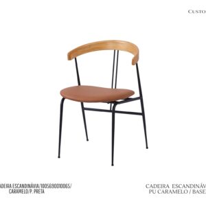 Cadeira Escandinávia - Rev. Couro PU Caramelo / Base de Metal Cor Preta