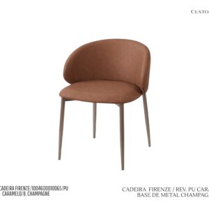 Cadeira Firenze - Rev. Couro PU Caramelo / Base de Metal Cor Champagne