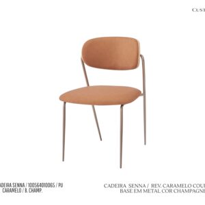 Cadeira Senna - Rev. Couro PU Caramelo / Base de Metal Cor Champagne