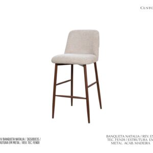 Banqueta Natalia - Estofada em Tecido Cor Fendi / Base em Metal Acab. Madeira