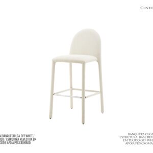 Banqueta Olga - Estofada em Tec. Off White / Estrura de Metal com Apoio de Pés Cromado