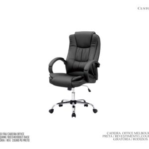 Cadeira Melbourne / Rev. Couro PU Preto / Sist. Relax / Ajuste de Altura / Base Cromada