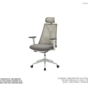 Cadeira San Francisco Presidente Cinza - Polipropileno / Tecido / Tela Mesh Soft / Regulável / Giratória
