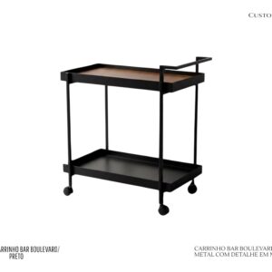 Carrinho Bar Boulevard - Estrutura em Metal Preta e Detalhe em Madeira