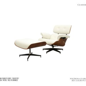 Poltrona Charles Eames com Pufe / Couro PU Branco / Madeira Laminada