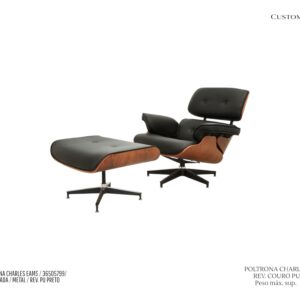 Poltrona Charles Eames com Pufe / Couro PU Preto / Madeira Laminada