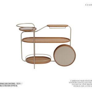 Carrinho Bar Dintorno - Estrutura em Metal / Prateleiras em Laca ou Madeira Maciça / Prateleira Superior com Fundo de Espelho Bronze