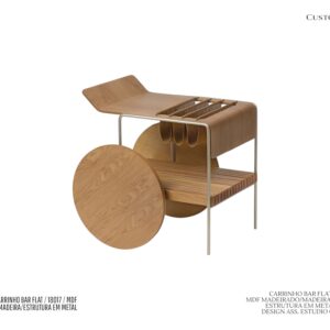 Carrinho Bar Flat - Estrutura em Metal / Tampo e Rodas em MDF Laminado / Suporte para Garrafas em Couro