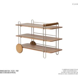 Carrinho Bar Folk - Estrutura em Metal / MDF com Acabamento em Laca ou Revestimento com Lâmina Natural / Rodas e Alça em Madeira Maciça