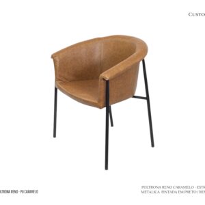 Poltrona Reno Caramelo - Estrutura em Metal na Cor Preta / Assento e Encosto Revestidos em PU Cor Caramelo
