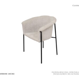 Poltrona Reno Cinza - Estrutura em Metal na Cor Preta / Assento e Encosto Revestidos em Linho Cinza